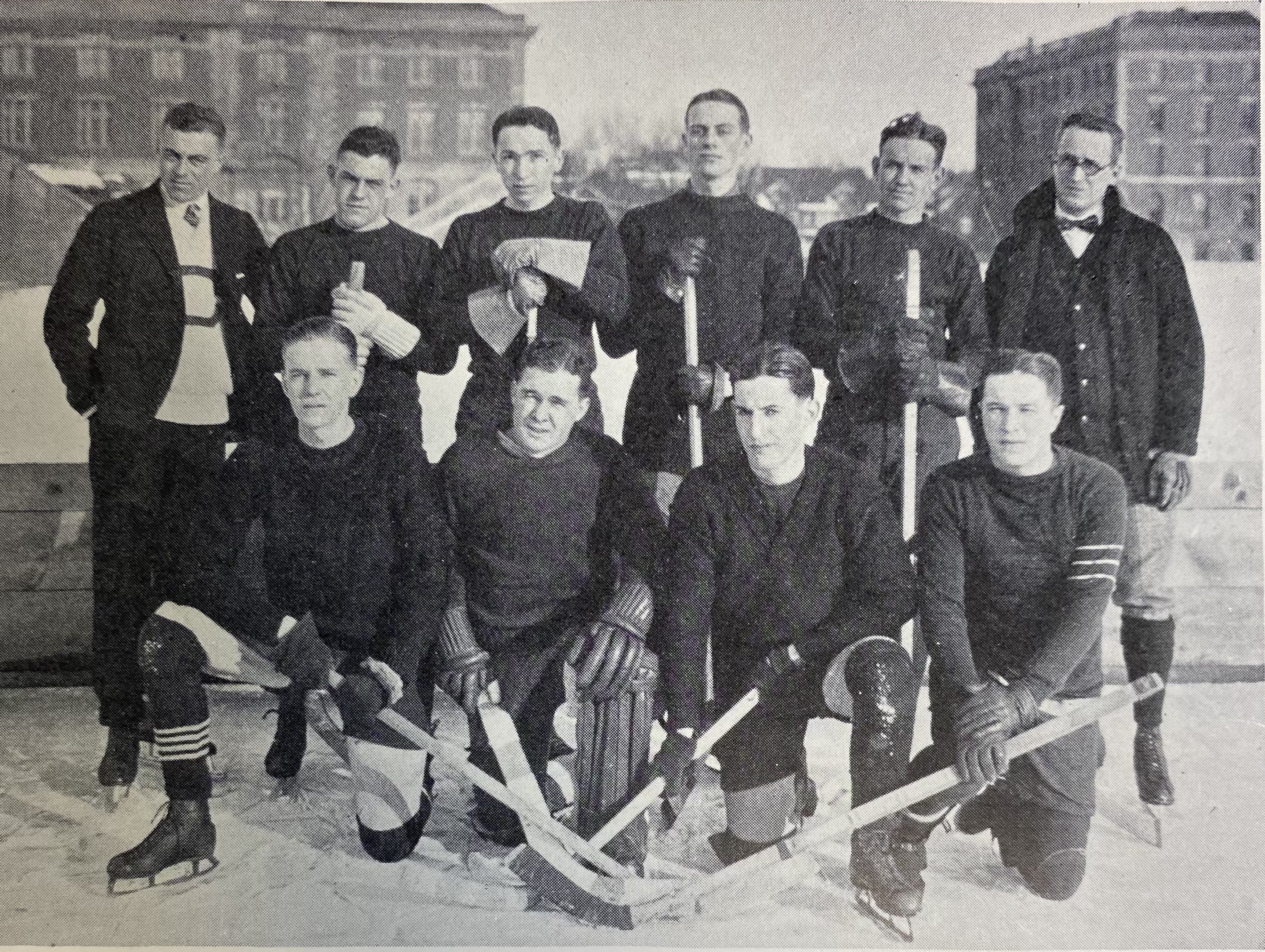 1923-1924 Team Photo (Top Row-L-R: Keenleyside (Coach), Mahon (Manager, Captain-elect), Kopkind (Manager-elect, Carhart, Davison (Captain), Cox (Coach); Bottom Row-L-R: Nordblom, Park, Snow, Reed