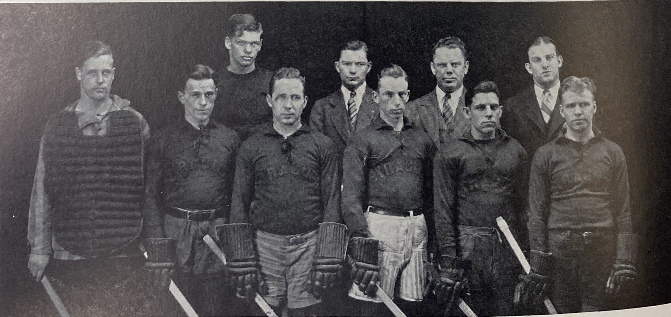 1927-1928 Team Photo (Back-L-R: Davis, Trolley (Manager), Paul (Coach), Watkins (Asst Mgr); Front-L-R: Wood, Beckett, Edmonds, Fitzsimmons, Gidlow, Witherell)