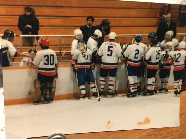 1986-1987 SU vs Binghamton (L-R: Eric Sanders#30, ?SU, Glenn Schaul #5, #2, AC Raleigh #15, Ben Potenza #12